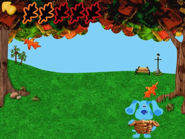 Blue's Clues: Blue's Treasure Hunt (Windows) screenshot: ...and Blue obliges - she needs to catch the leaves pictured at top left.