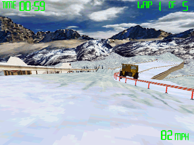 Snowmobile Championship 2000 (Windows) screenshot: A mountain of pixels. Literally!