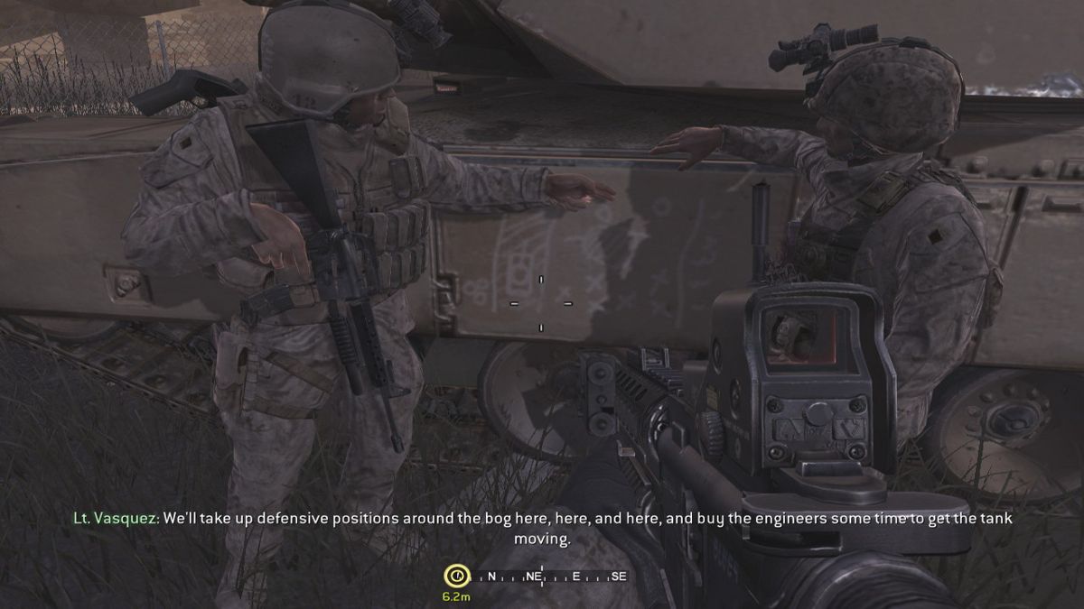 Call of Duty 4: Modern Warfare (Windows) screenshot: Using the tank's armor plates as drawing board for our short mission briefing.