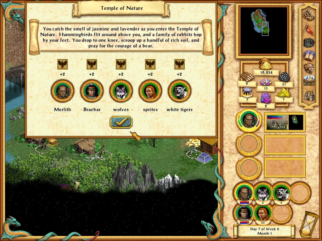 Heroes of Might and Magic IV: Winds of War (Windows) screenshot: By visiting the Temple of Nature, the morale of my troops is now increased.
