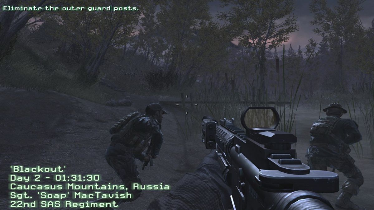 Call of Duty 4: Modern Warfare (Windows) screenshot: The S.A.S. team deployed in some Russian woods in a mission to rescue an informer.