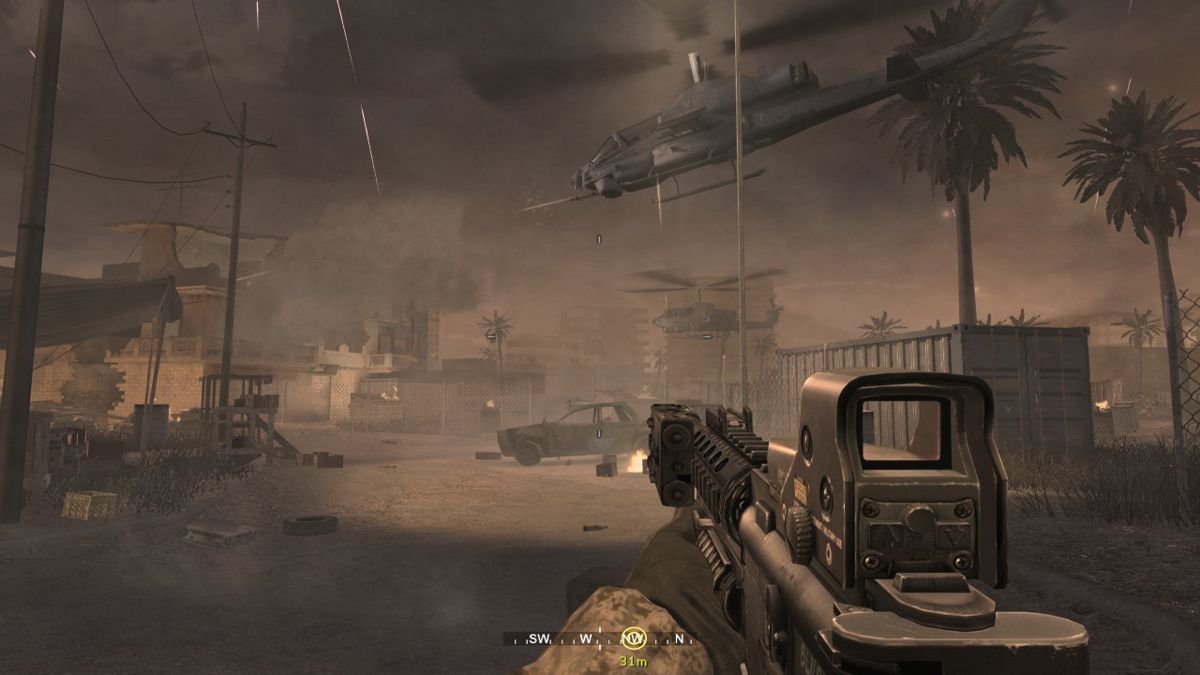 Call of Duty 4: Modern Warfare (Windows) screenshot: A couple of Cobra gunships came to aid us in securing this building.