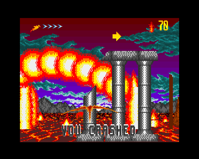 Unreal (Amiga) screenshot: You will get the "You crashed"-message very often. This shoot-'em-up level is a graphic mess.