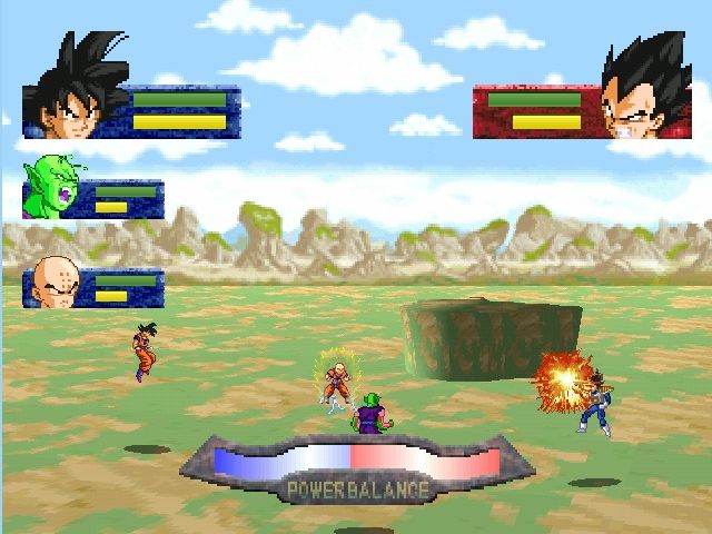 Dragon Ball Z: Idainaru Dragon Ball Densetsu (PlayStation) screenshot: Goku, Picolo and Krilin battling Vegeta