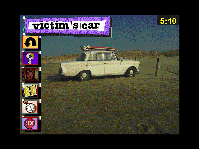 Who Killed Brett Penance?: The Environmental Surfer (Windows 3.x) screenshot: Victim's car