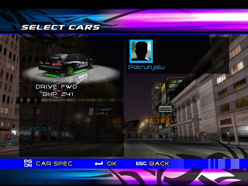 Juiced (Windows) screenshot: Select your racing car.
