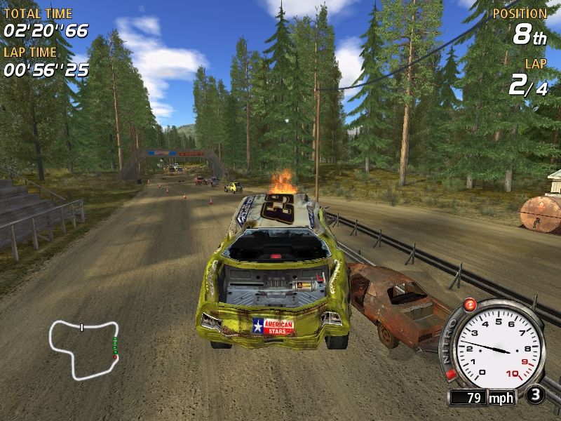 FlatOut (Windows) screenshot: Jumping around with the car. Notice the burning engine.