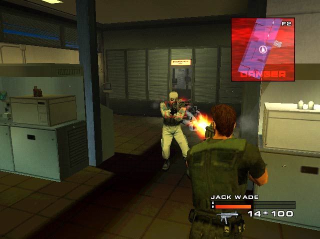 Headhunter (Dreamcast) screenshot: The weapons in the game dont fire bullets, they're Electric Neural Projectiles (ENP) design to kill without harming internal body organs