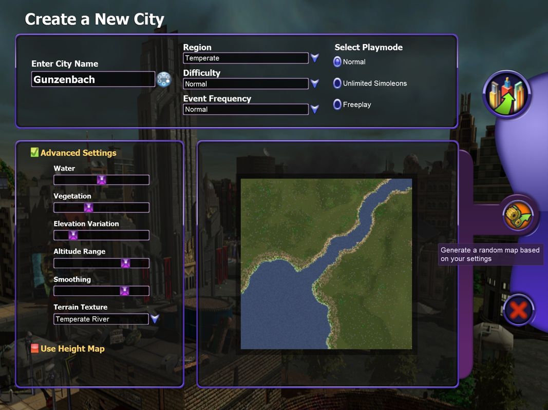 SimCity Societies (Windows) screenshot: Choose your gamemode and the map.