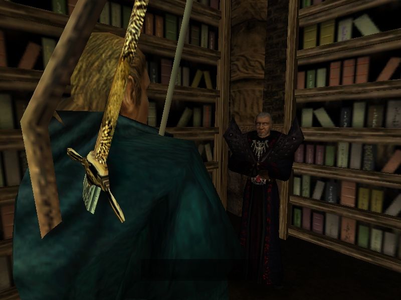 Gothic (Windows) screenshot: Xardas, the Necromancer. He is an avid reader