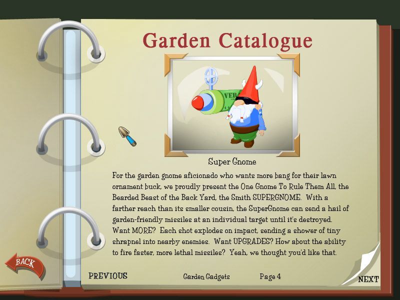 Garden Defense (Windows) screenshot: The Super Gnome as listed in the in-game Garden Catalogue.