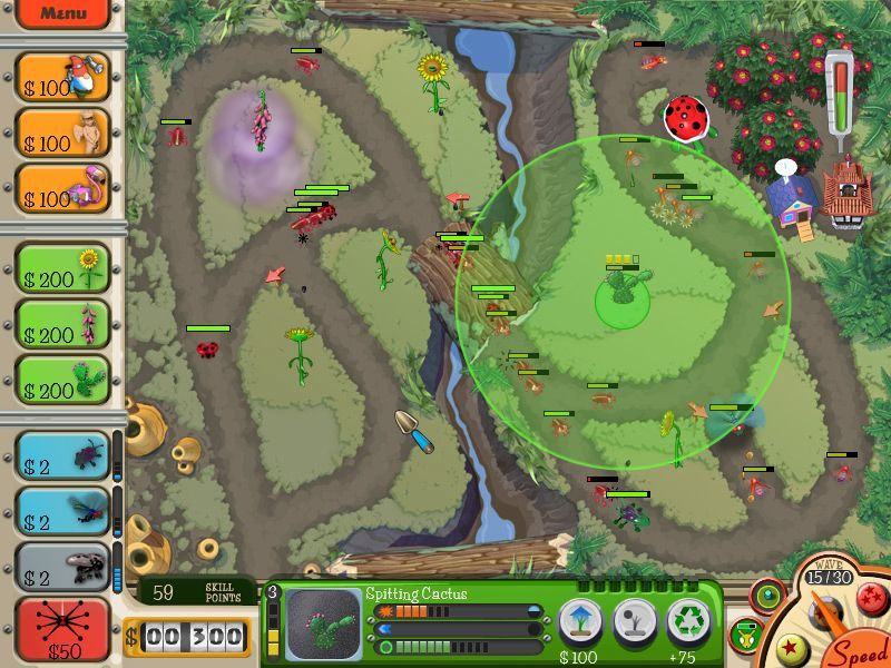 Garden Defense (Windows) screenshot: An intense battle rages in Birdsong Woods.