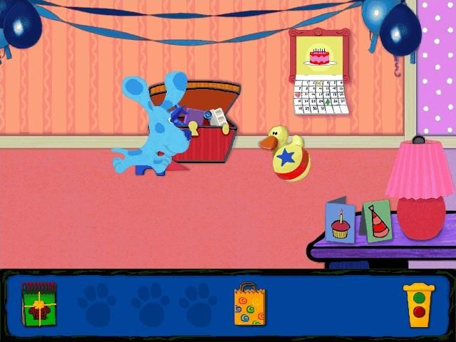 Blue's Clues: Blue's Birthday Adventure (Windows) screenshot: There are many cute unexpected scenes like this one, where Blue bounces after a ball