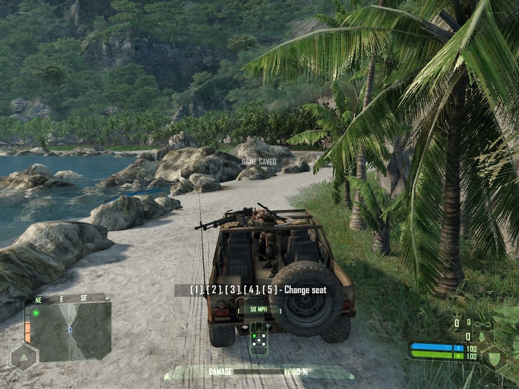 Crysis (Windows) screenshot: Cruising around in a jeep with my dead Korean friend on the MG.