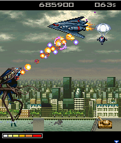 War of the Worlds (J2ME) screenshot: These bombers are very hard to kill and they drop bombs or tanks with parachutes.