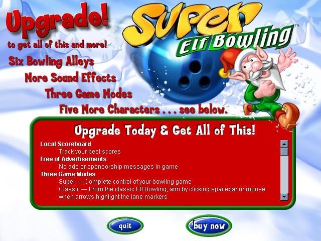 Super Elf Bowling (Windows) screenshot: In the shareware, if you try to quit the game, you get this ad to buy the full game.