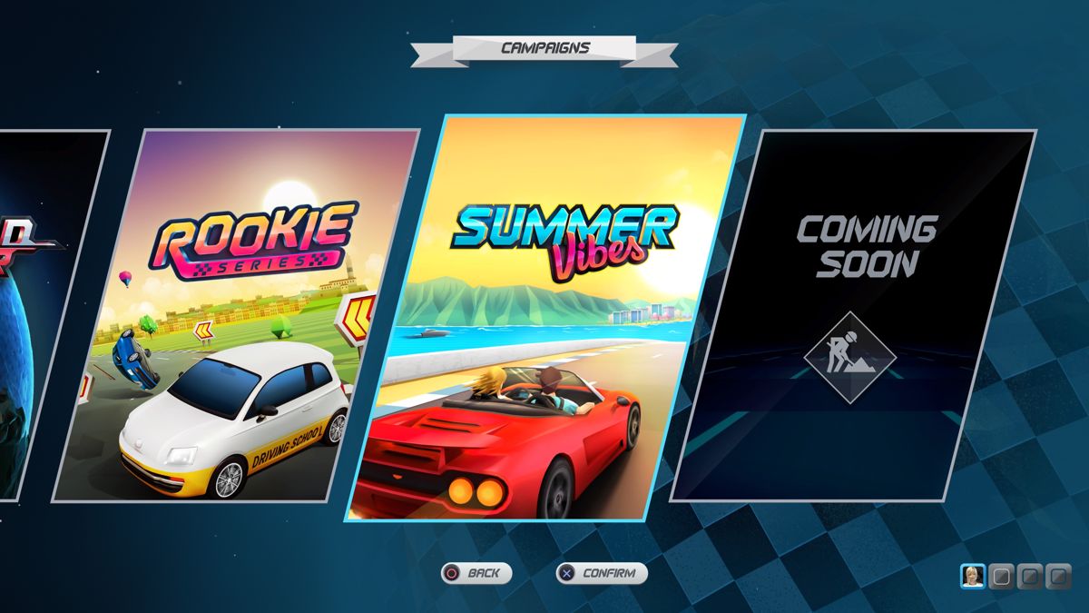 Horizon Chase Turbo: Summer Vibes (PlayStation 4) screenshot: Summer Vibes campaign select screen