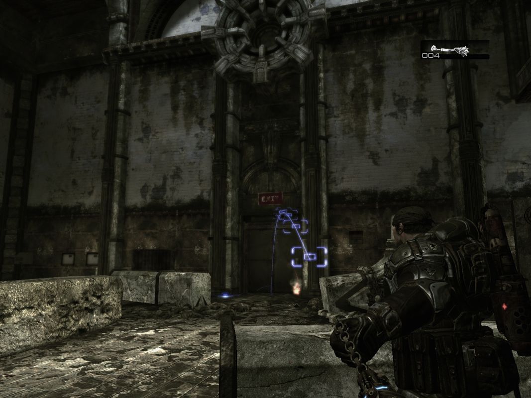 Gears of War (Windows) screenshot: The enemy will breach through that door in a second. Preparing a grenade as a welcome.