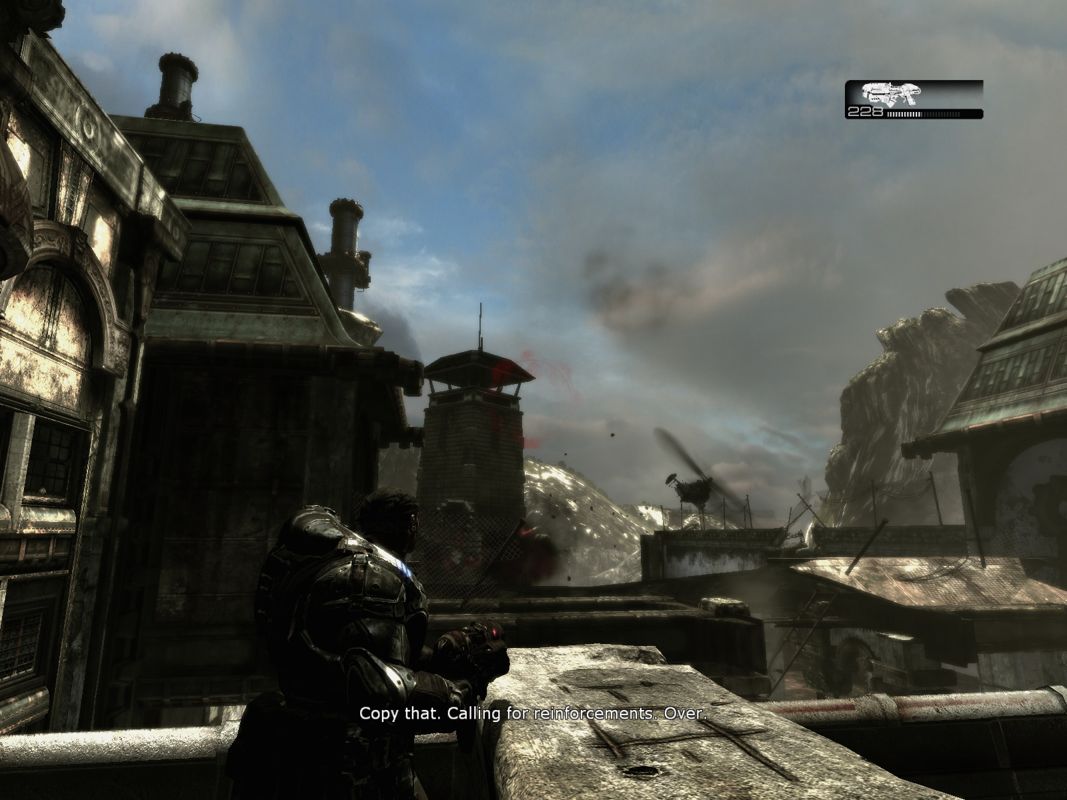 Gears of War (Windows) screenshot: That tower is about to collapse.