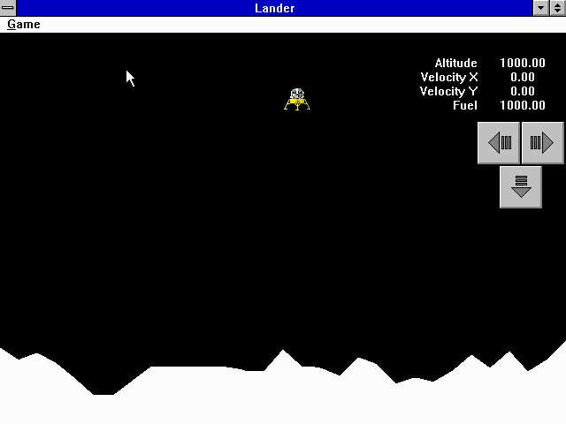 Lander (Windows 3.x) screenshot: Starting gameplay frozen at 1000 metres