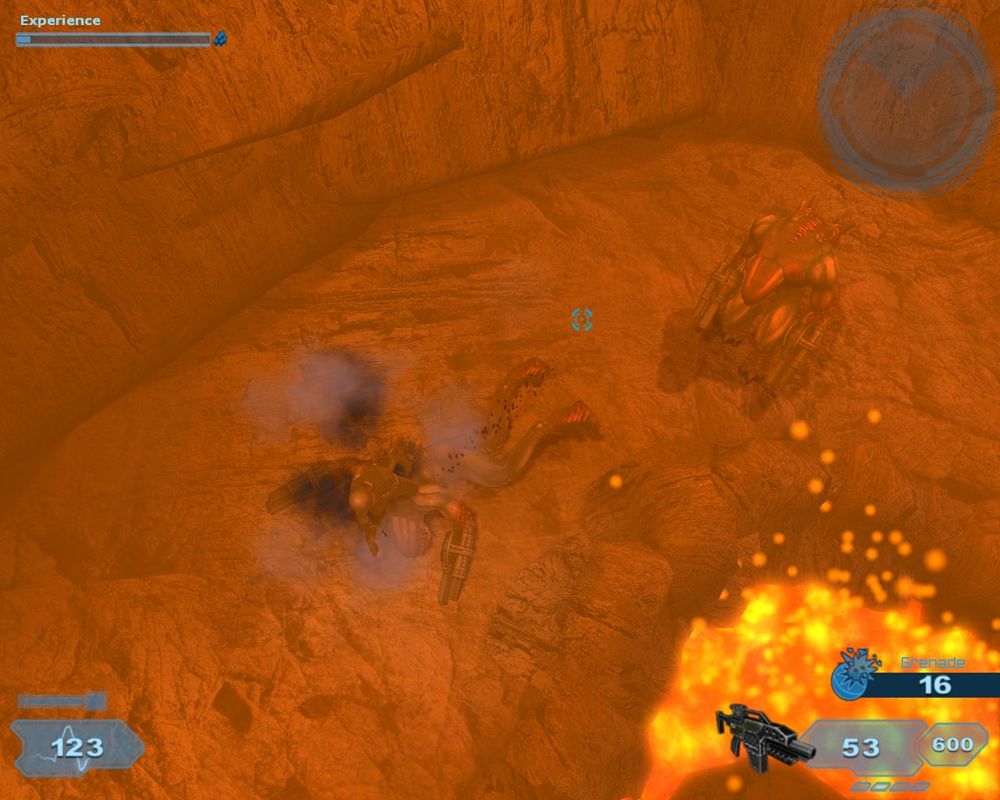 Shadowgrounds: Survivor (Windows) screenshot: Performing special attack: marine jumps on a monster's spine and shoot him in back of the head.