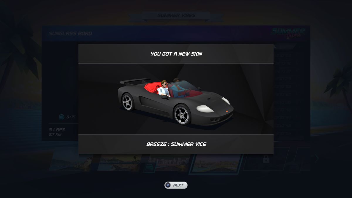 Horizon Chase Turbo: Summer Vibes (PlayStation 4) screenshot: Summer Vice car skin unlocked