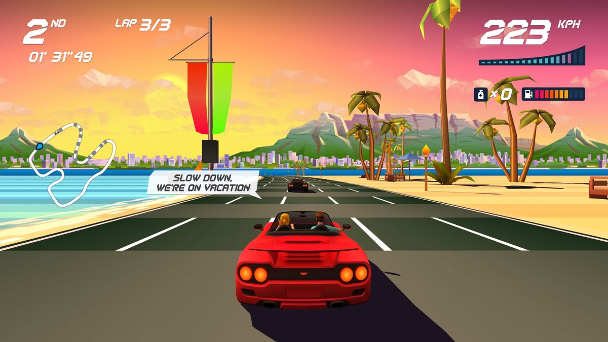 Horizon Chase Turbo: Summer Vibes (PlayStation 4) screenshot: This doesn't look like a vacation