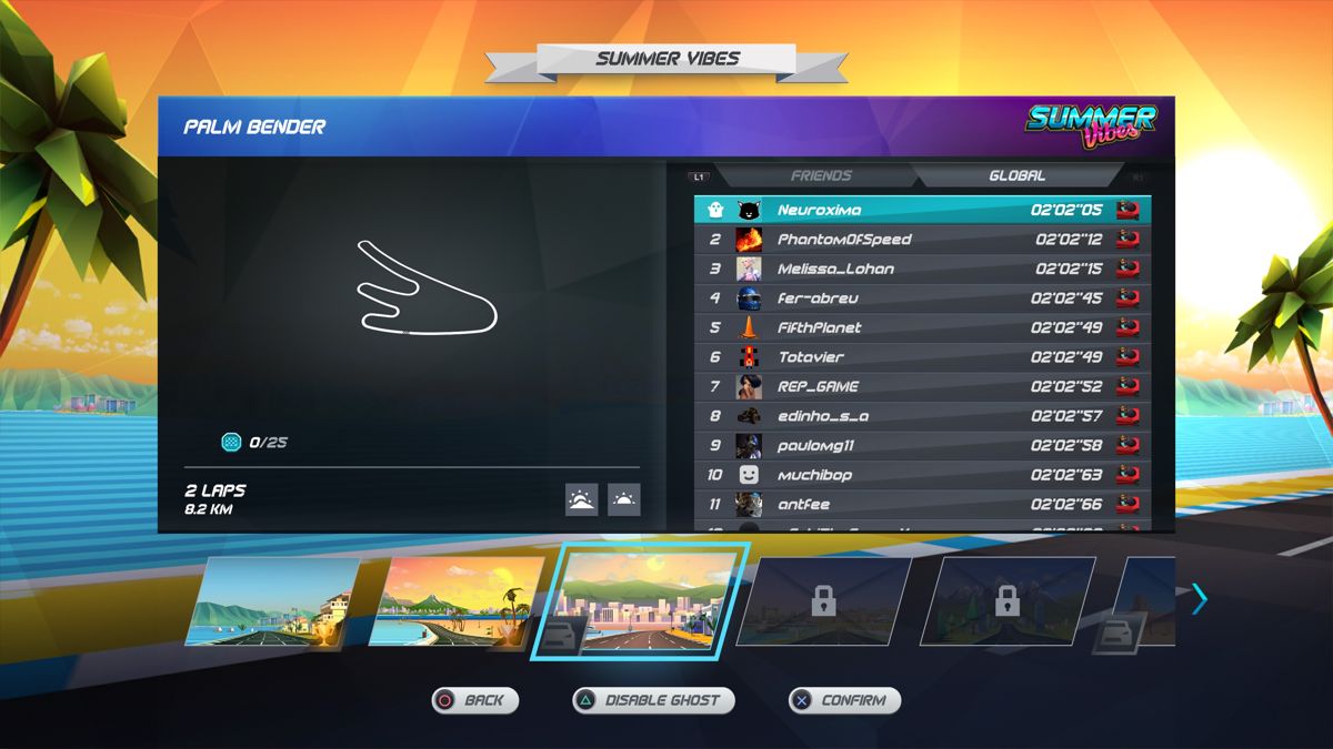 Horizon Chase Turbo: Summer Vibes (PlayStation 4) screenshot: Palm Bender track info