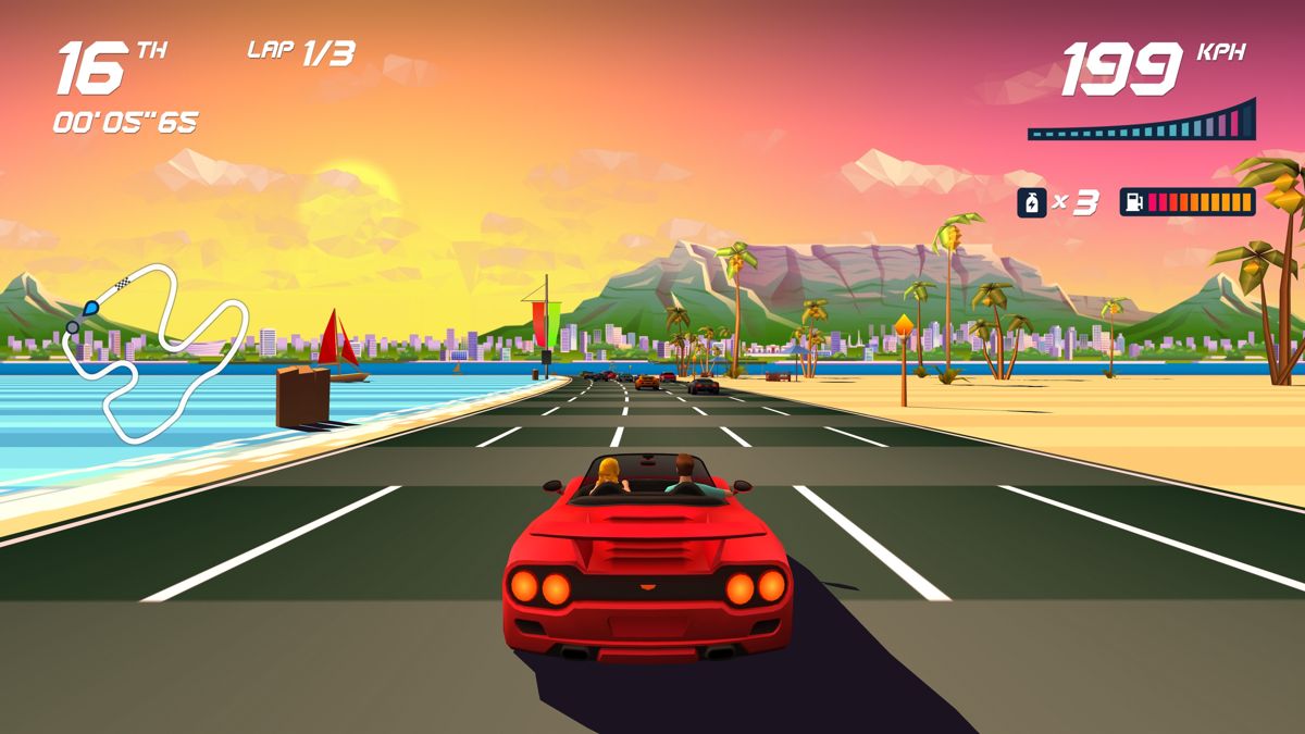 Horizon Chase Turbo: Summer Vibes (PlayStation 4) screenshot: Shoreline Highway track racing