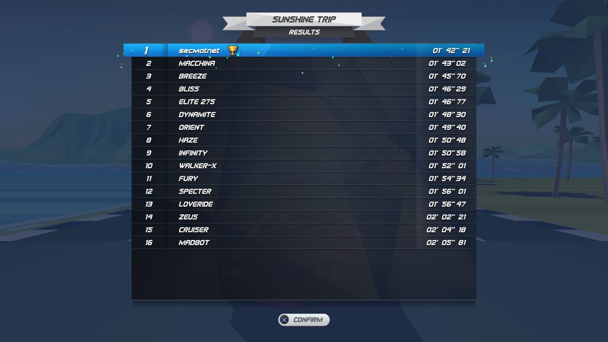 Horizon Chase Turbo: Summer Vibes (PlayStation 4) screenshot: Sunshine Trip track race results
