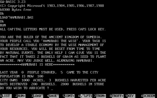 Hamurabi (DOS) screenshot: GW-BASIC port