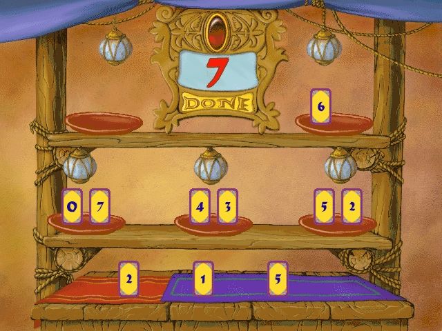 Disney's Math Quest with Aladdin (Windows) screenshot: Use the cards at the bottom to make the sum shown