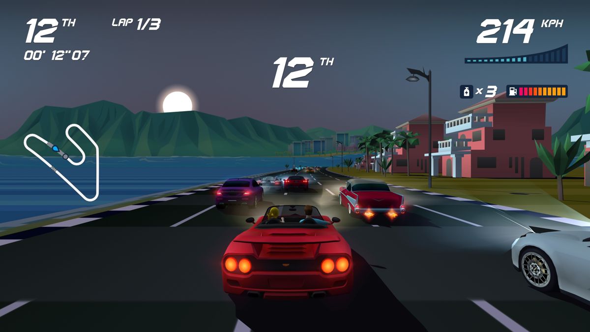 Horizon Chase Turbo: Summer Vibes (PlayStation 4) screenshot: Sunshine Trip track starts at the dusk