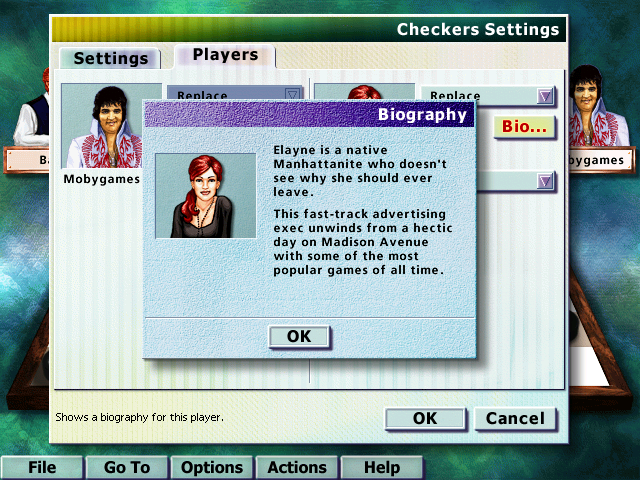 Hoyle Board Games 2001 (Windows) screenshot: Computer opponent biography