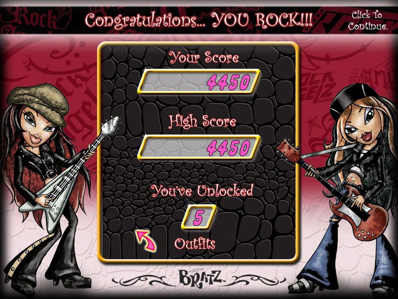 Bratz Rock Angelz (Windows) screenshot: Finishing a minigame and unlocking more outfits