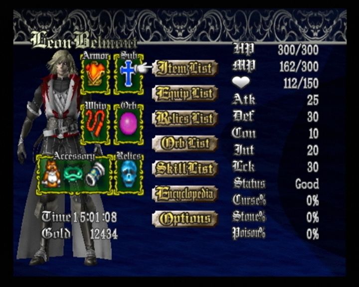 Castlevania: Lament of Innocence (PlayStation 2) screenshot: Status screen. You can access your equipment and bestiary here.