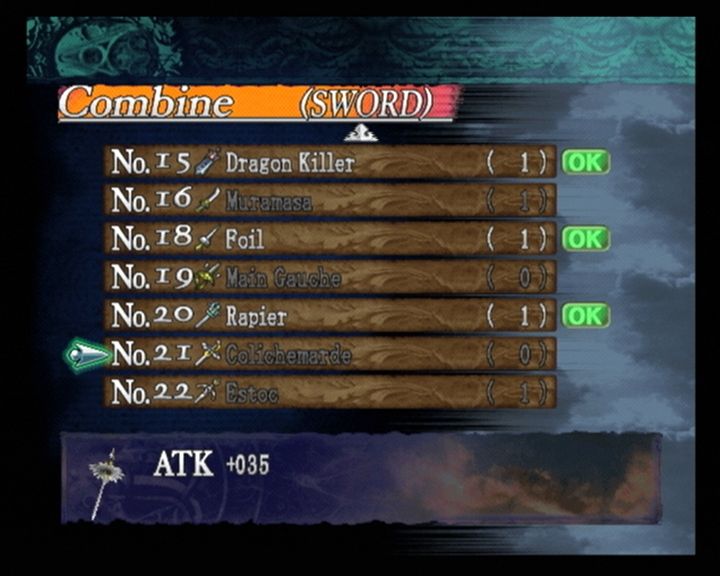 Castlevania: Curse of Darkness (PlayStation 2) screenshot: Combine menu: List of swords you can forge