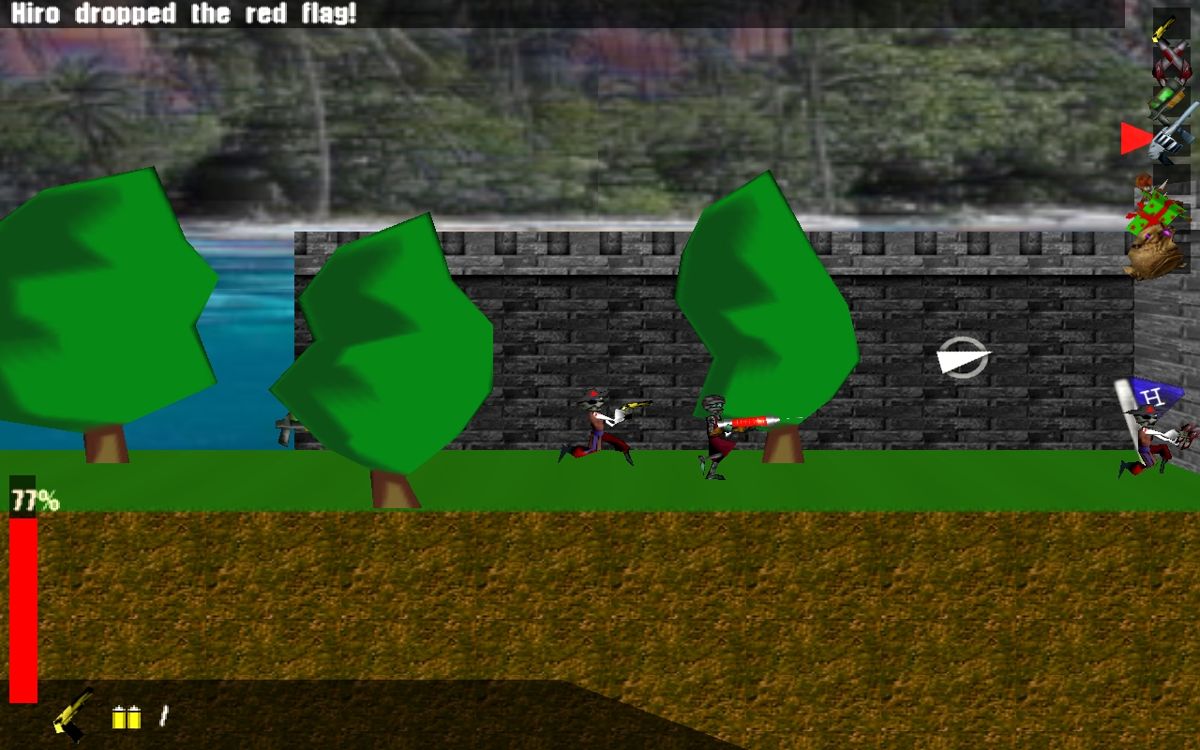Zombies and Pterodactyls 2005 (Windows) screenshot: Helping some buddies to carry the blue flag.