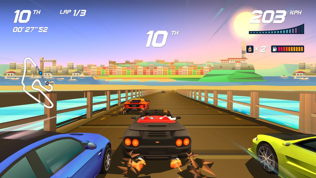 Horizon Chase Turbo: Summer Vibes (PlayStation 4) screenshot: High speed on the narrow bridge