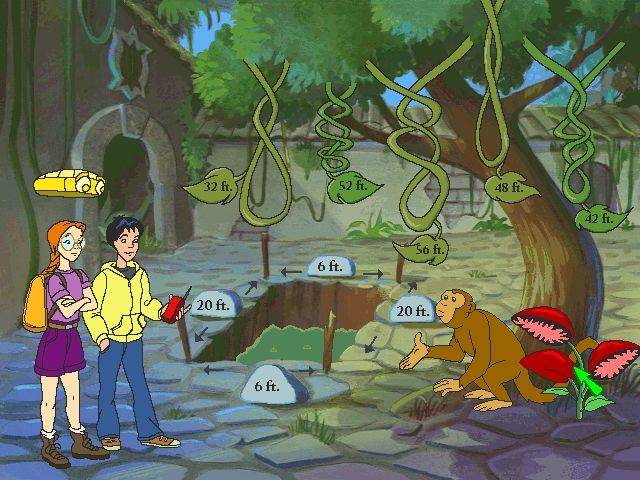 ClueFinders: 3rd Grade Adventures (Windows) screenshot: Finding the pit's perimeter, and the right vine to rope it off.