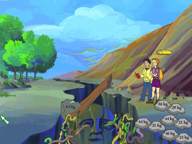 ClueFinders: 3rd Grade Adventures (Windows) screenshot: Which two rocks will hold down this end of the log bridge?