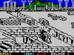 Sports-A-Roni (ZX Spectrum) screenshot: Pogo : It's not easy to navigate this 3D landscape and it's easy to get stuck. When your character hits a wall or when you stop mashing buttons, they just sit down and sulk.In the end I gave up too