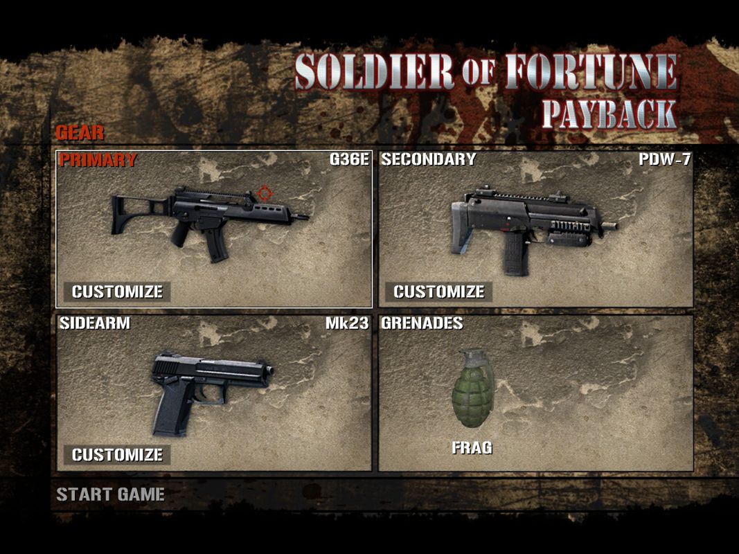 Soldier of Fortune: Payback (Windows) screenshot: Choose your gear.