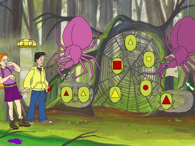 ClueFinders: 3rd Grade Adventures (Windows) screenshot: The ClueFinders are taken aback by the sight of giant spiders preparing for a meal!