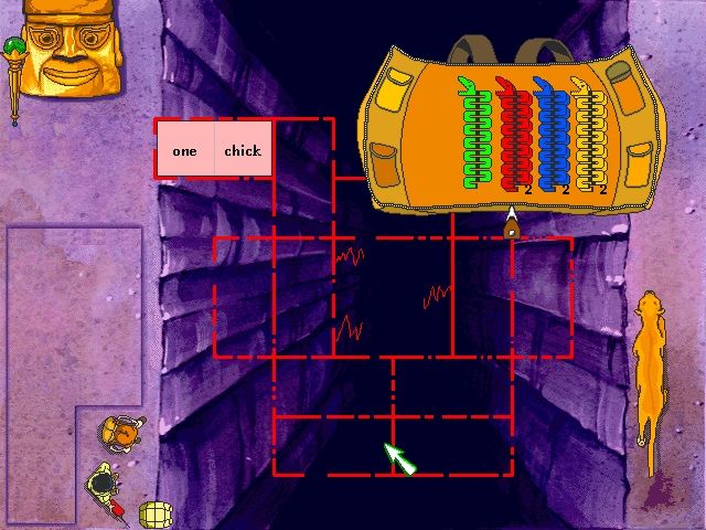 ClueFinders: 3rd Grade Adventures (Windows) screenshot: Each red snake from the backpack is worth several dominoes, which must be places with synonyms touching to form a bridge.
