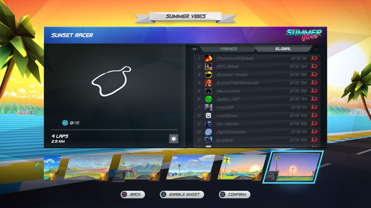 Horizon Chase Turbo: Summer Vibes (PlayStation 4) screenshot: Sunset Racer track info