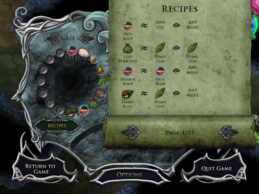 Aquaria (Windows) screenshot: Items screen with some recipes shown.