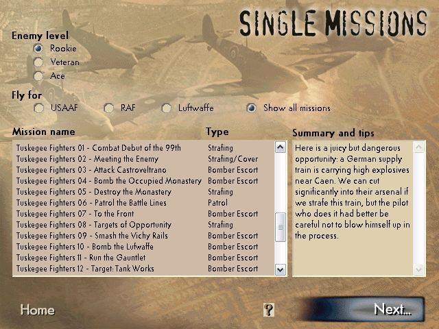 Tuskegee Fighters (Windows) screenshot: The package installs twenty single player missions. Like the aircraft they are all grouped by name making them easy to find on the menu