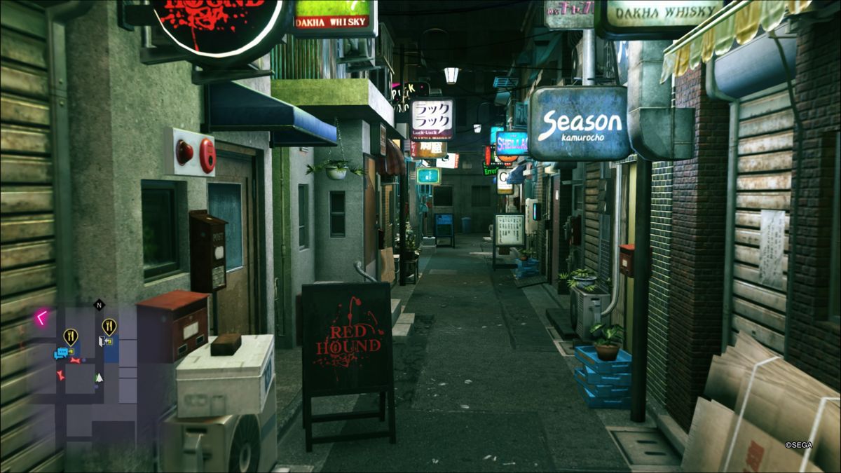 Yakuza: Kiwami 2 (PlayStation 4) screenshot: Walking through a narrow street in 1st-person perspective