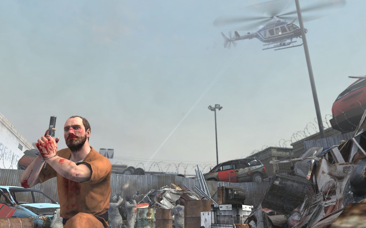 Kane & Lynch: Dead Men (Windows) screenshot: Nice photo of me and the boys playing with a heli.